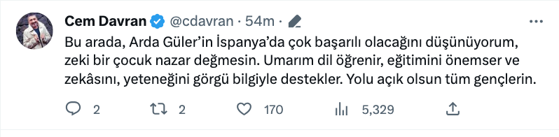 cem davran dan arda guler in transferi ile ilgili dikkat ceken paylasim